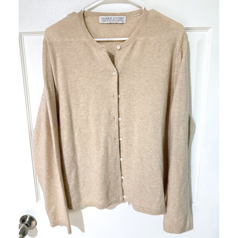 Valerie Stevens Tan Beige Two Ply Cashmere Button Front Cardigan Sweater Womens